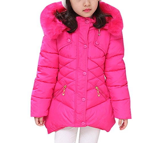 AnKoee Kinder Mädchen Lange Winterjacke Fellkapuze Outerwear Oberbekleidung Winter Kleidung Verdichte Kinderjacke Wintermantel Mantel (Rot-Rose, 130cm/5-6 Jahre) von AnKoee