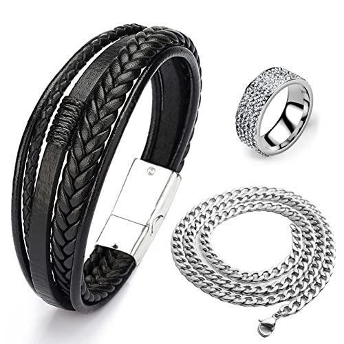 AnMelon Herren Armbänder, Geflochten Lederarmbänder. Lederarmband mit Magnetschließe，Männerarmband Geschenk, Inklusive Schmuckschachtel. (Schwarz) von AnMelon