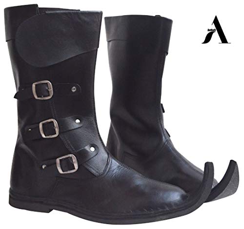 AnNafi Mittelalterliche Lederstiefel mit 3 Schnallen | Re-Enactment Herrenschuhe | SCA LARP Reitkostüm Stiefel für Cosplay (schwarz, 10) von AnNafi