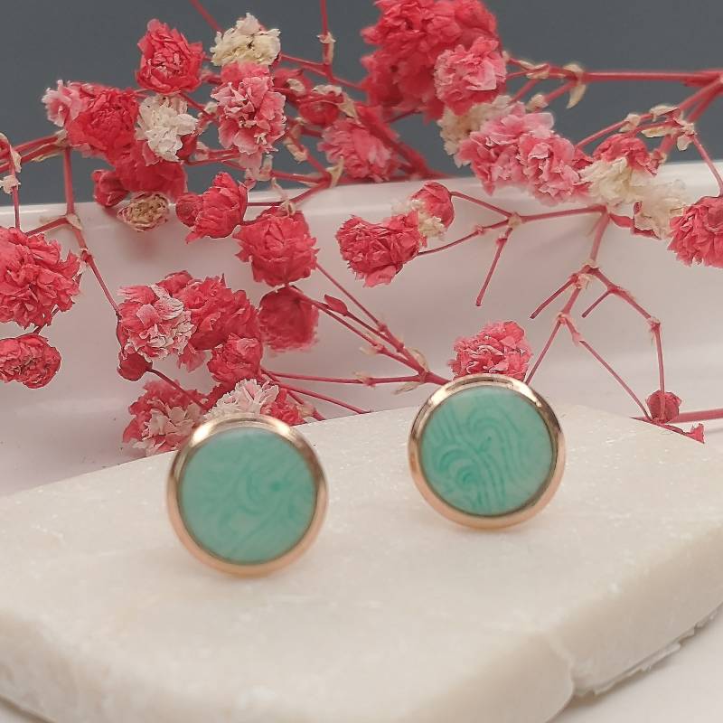 Kleine Runde Roségoldene Ohrstecker, Ohrringe Roségold Mit Polymerclay in Türkis Und Einem Wellenmuster, Handgefertigte Ohrringe, Geschenk von AnaKarijoka