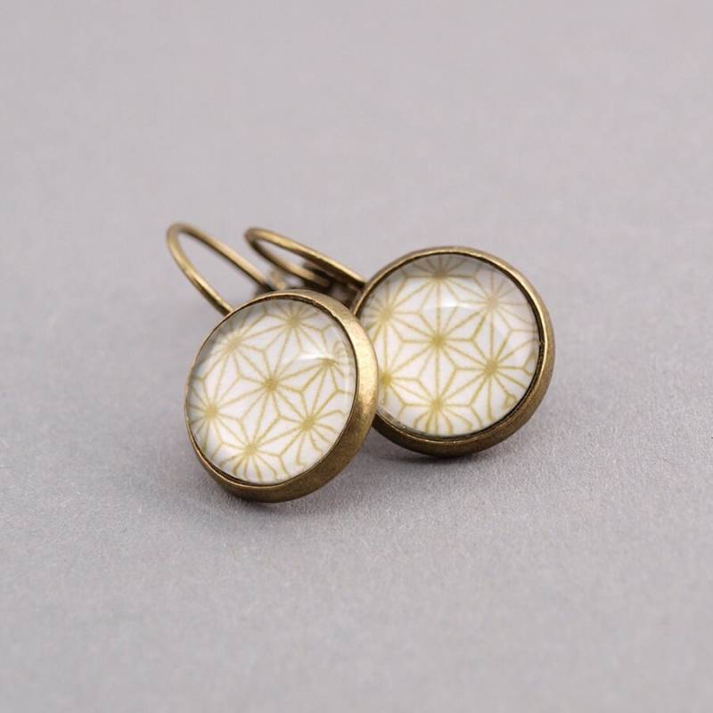 Ohrringe, Hängeohrringe Bronze, 12 Mm Durchmesser, Sterne Muster Gelb Weiß, Geschenkidee Für Sie von AnaKarijoka