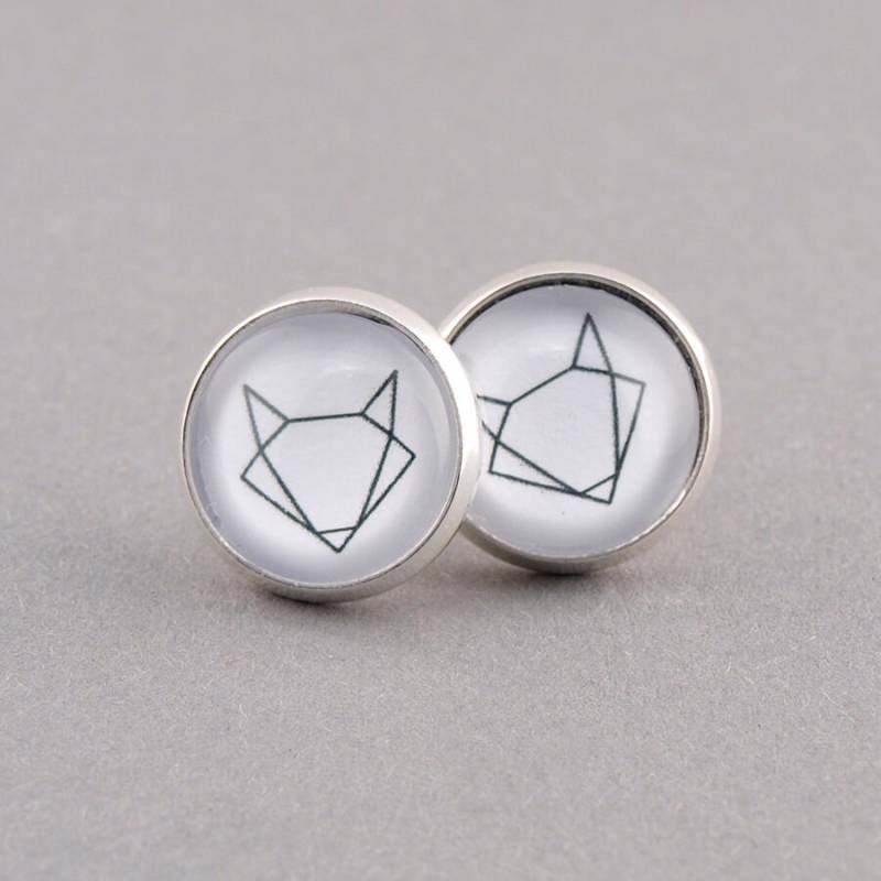 Ohrringe Ohrstecker Silber Cabochon 12 Mm Origami Fuchs Schwarz Weiß von AnaKarijoka