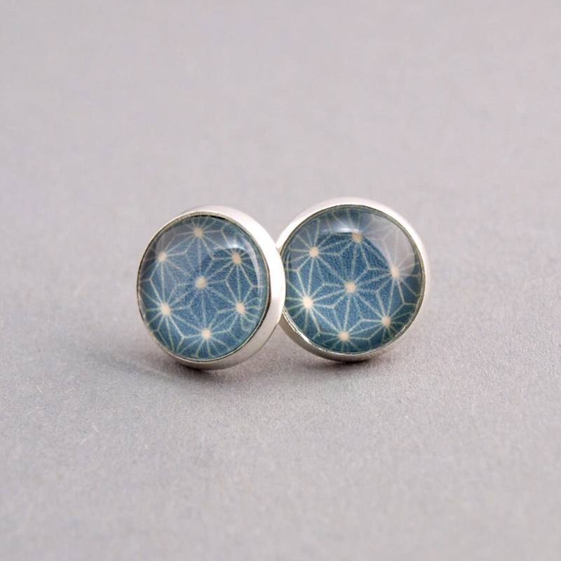 Ohrringe Ohrstecker Silberfarben Blau Sterne Cabochon 12 Mm von AnaKarijoka