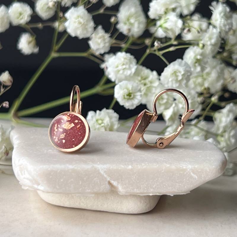 Ohrringe Roségold, Hängeohrringe Mit Polymerclay Rot Und Metallflocken, Geschenk Freundin von AnaKarijoka