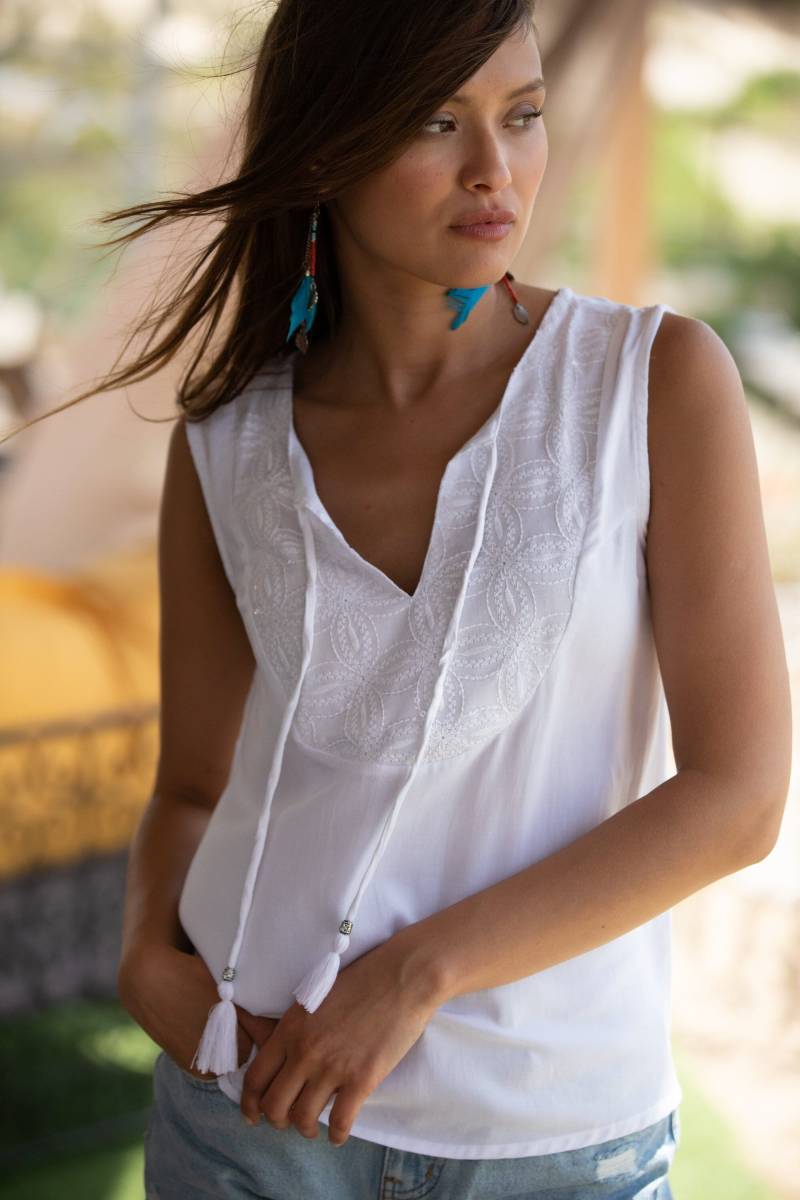 Ärmelloses Lockeres Pailletten-Weiß-Ethno-Top Für Frauen, Lässige Sommer-Boho-Bluse von AnabellaWomen