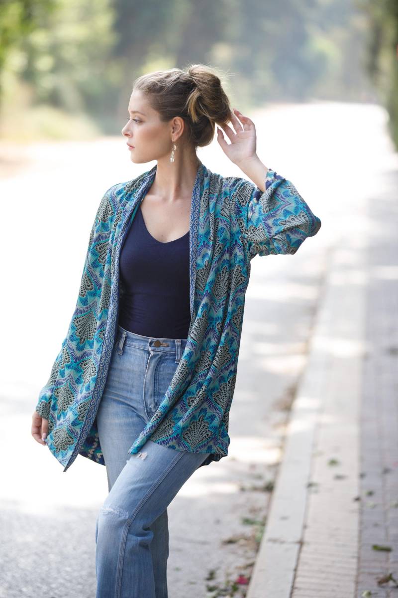 Blaue Kimono-strickjacke Im Boho-stil von AnabellaWomen