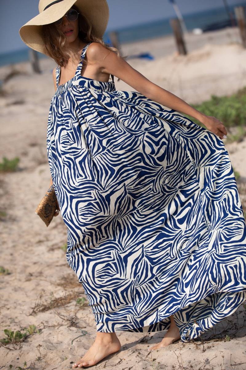 Blaues Zebra-Print-Maxikleid Boho-Viskose-Sommerkleid von AnabellaWomen