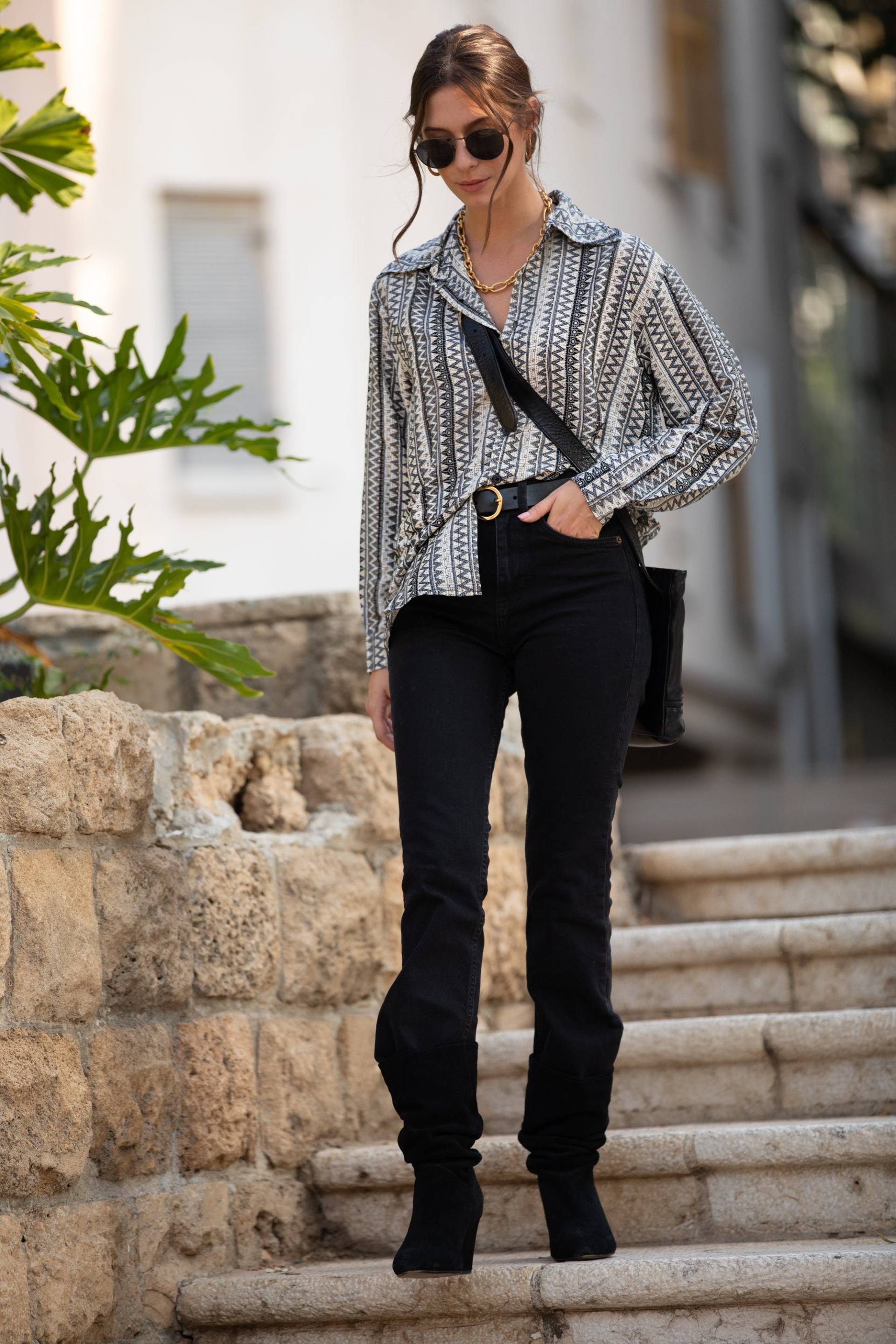 Boho 70Er Jahre Kragenbluse Schwarz Creme Gold Glitzernd Gestreift von AnabellaWomen