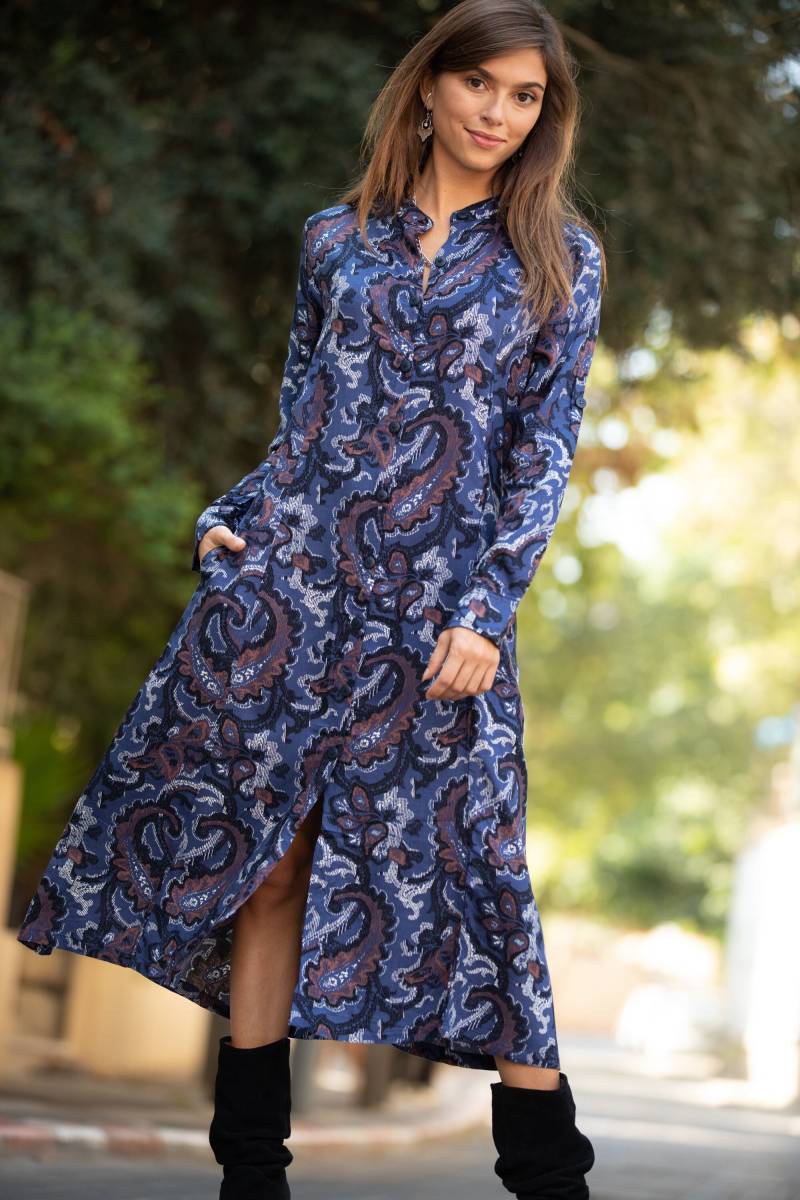 Boho Paisley Rayon Maxikleid Geknöpftes Langarmshirtkleid von AnabellaWomen