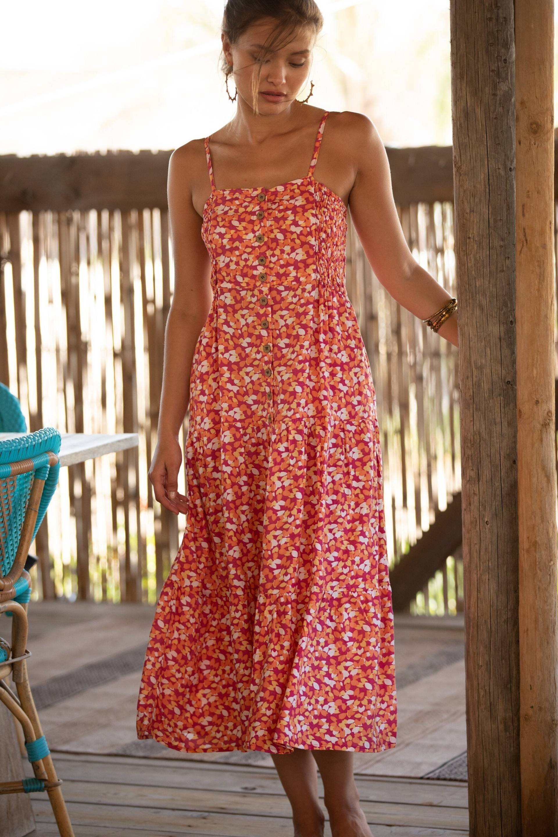 Orange Floral Rayon Sommerkleid Boho Ärmelloses Abgestuftes Midi von AnabellaWomen