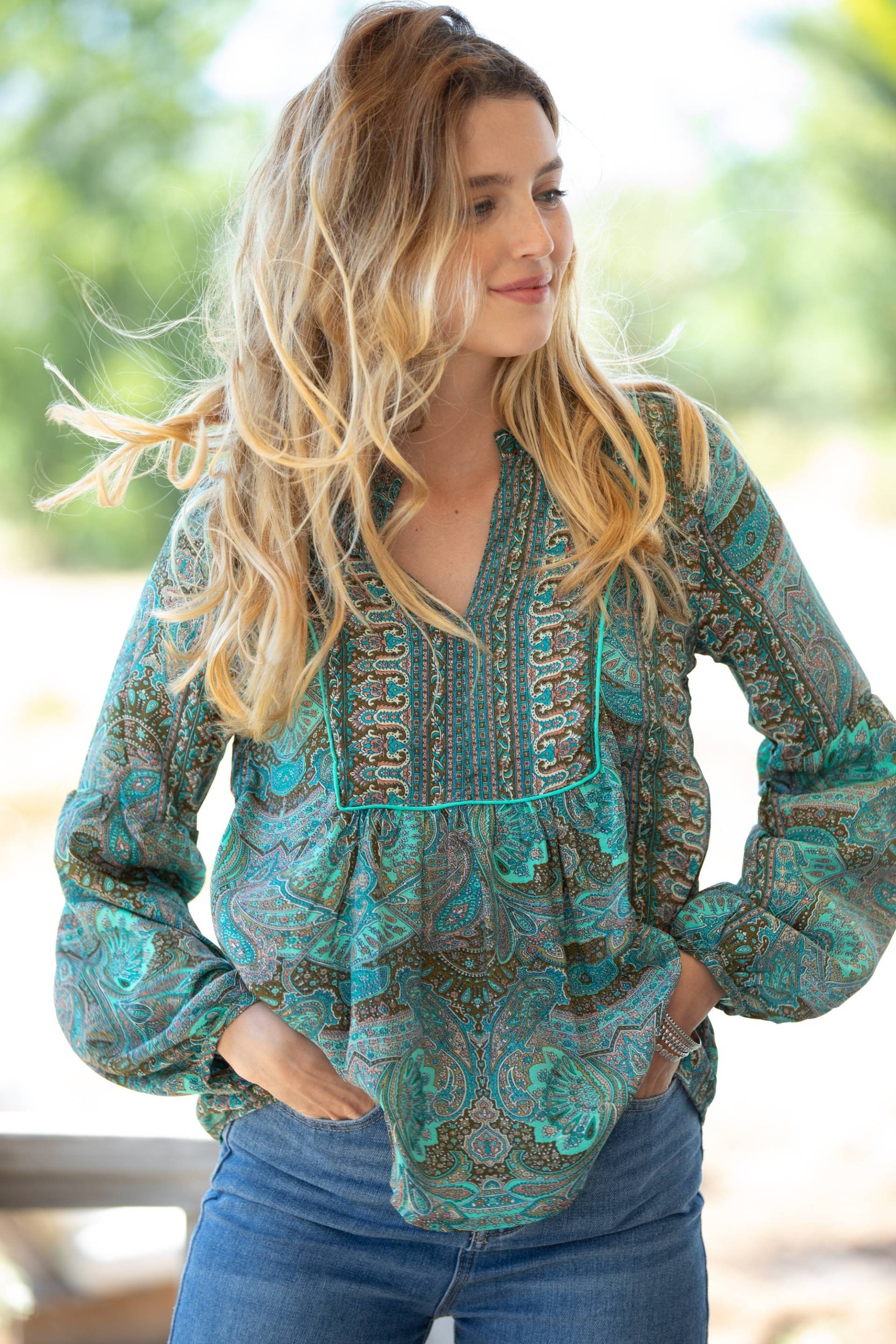 Paisley Grün Schößchen Locker Boho Hippie Lange Ärmel Top, Puffärmel Trendy Frauen Bluse von AnabellaWomen