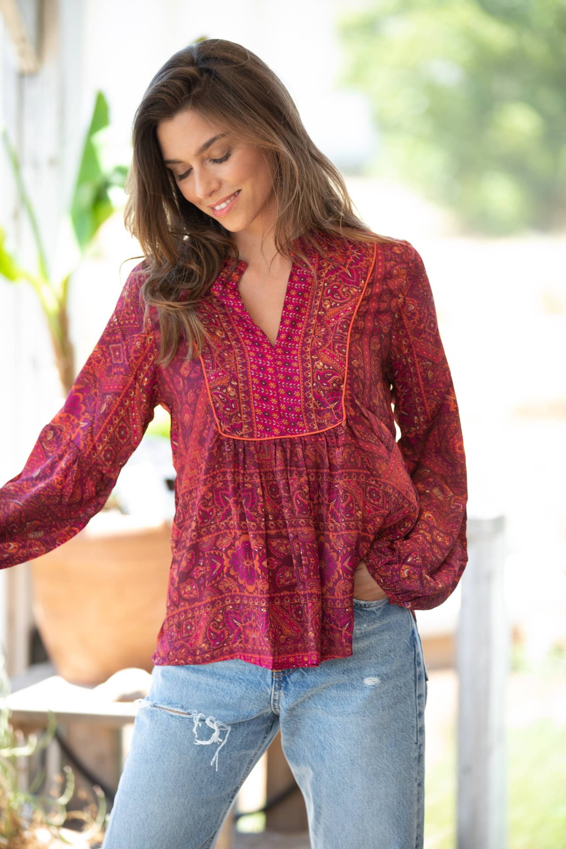 Rote Bluse Mit Paisley-Print Boho Puffärmel Top von AnabellaWomen
