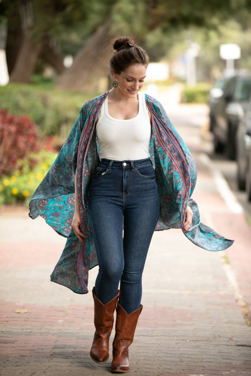 Übergröße Seidige Kimono Robe Boho Mehrfarbige Strickjacke von AnabellaWomen