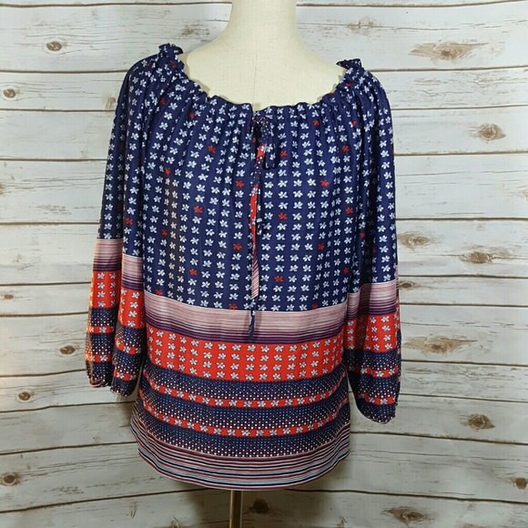 60Er Jahre Navy Und Rot Gemustert Bauer Bluse, Groß von AnachronisticArmy