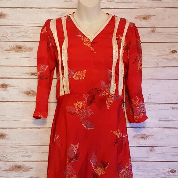 Jahrgang, 1970, Abstrakten Blatt Drucken Unterkleid/Midi Ärmel Voller Rock Klein von AnachronisticArmy