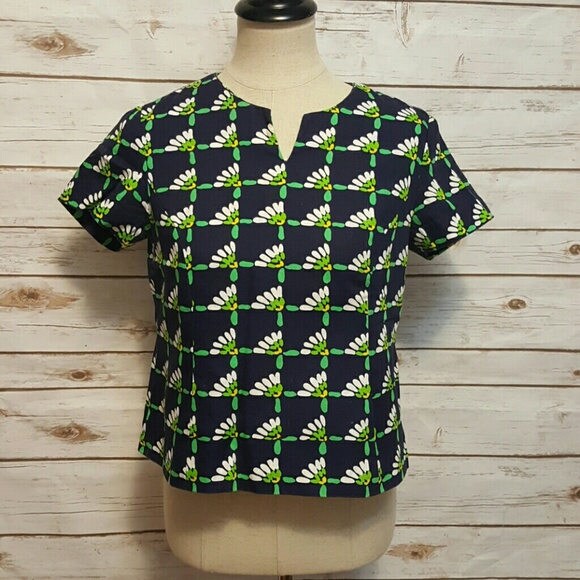 Jahrgang Strukturiert 1960, Marine & Grüne Blütenblatt Bluse, Klein von AnachronisticArmy