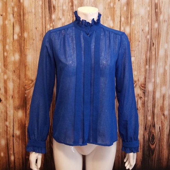 Vintage, 70Er Jahre, Royal Blau-stehkragen-Taste Unten Bluse, Kleine Und Mittlere von AnachronisticArmy