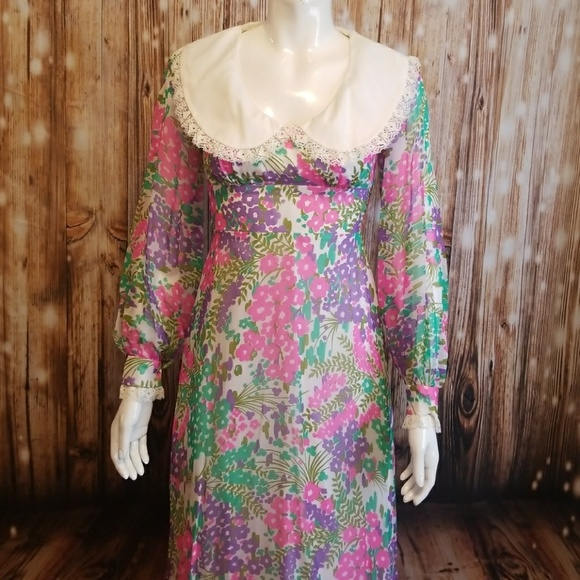 Vintage - 60Er Jahre, Couture Floral Maxi-Kleid/Schiere Panel Overlay Xs von AnachronisticArmy