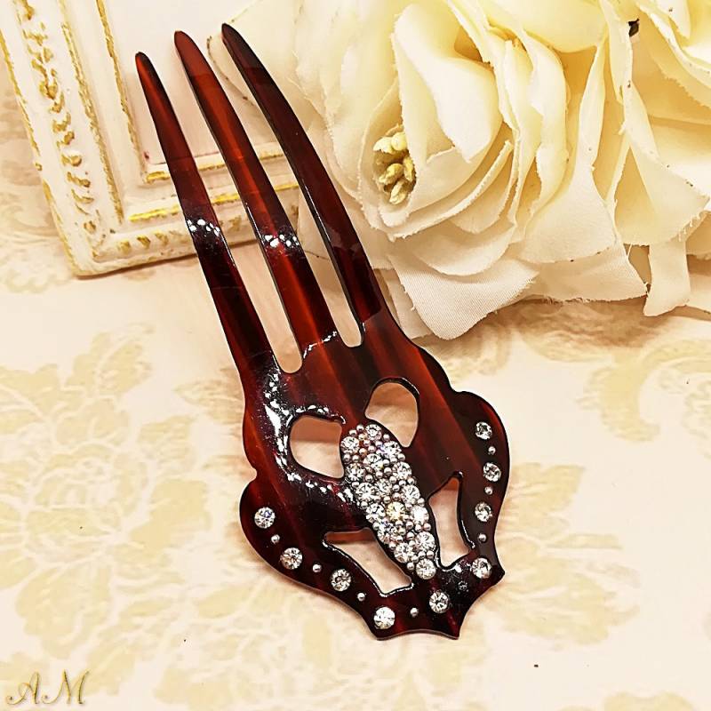 Faux Schildpatt Haarkamm, Strass Vintage Kleine Kopfschmuck, Celluloid Haarkamm von AnaelJewelry