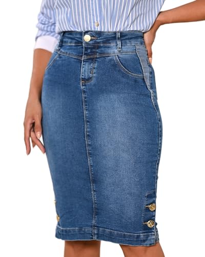 Anagrom Gerader knielanger Stretch-Jeansrock für Damen, Größe 0–22, normale und Übergröße, seitliche Knopfdetails, Helles Stone Washed Blue, 40 von Anagrom