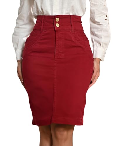 Anagrom Gerader knielanger Stretch-Jeansrock für Damen, normale Größe und Übergröße, Echtes Rot, 38 von Anagrom