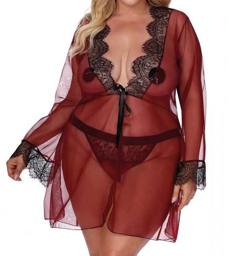 Anais Apparel Size Plus Morgenmantel Dunkelroter Dessous Morgenmantel mit Spitze und Tüll XXL Plus Size Pei von Anais Apparel Size Plus