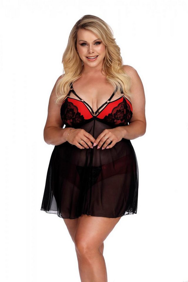 Anais Apparel Size Plus Negligé Schwarzes rotes Damen Dessous Plus Size Babydoll aus Chiffon und Spitz von Anais Apparel Size Plus