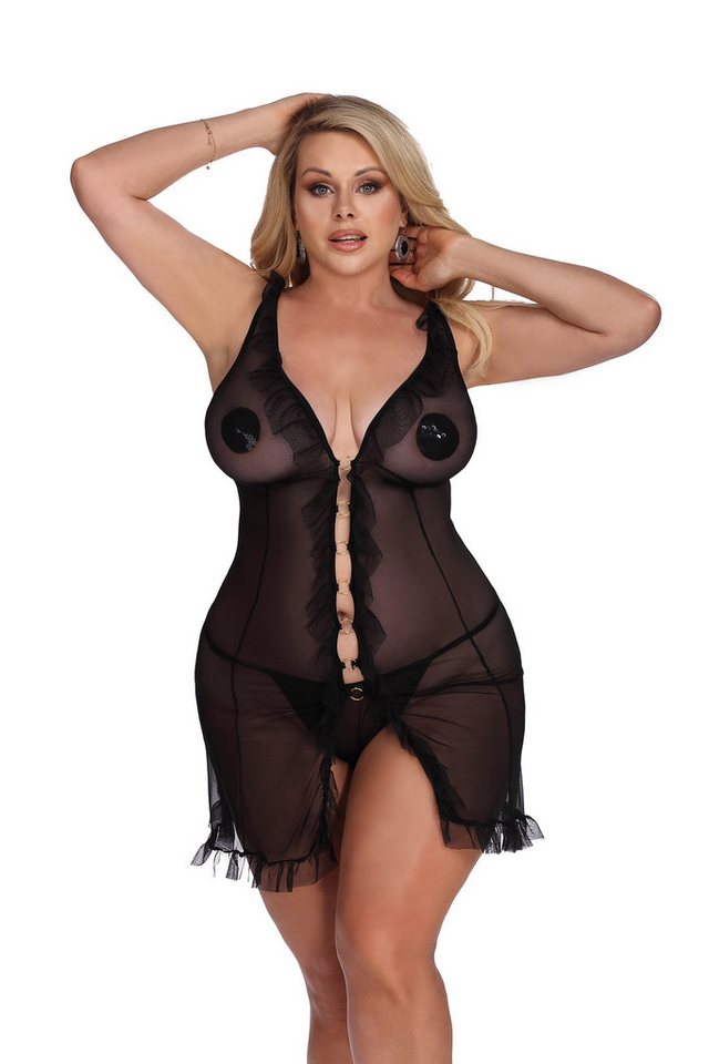 Anais Apparel Size Plus Negligé Transparentes schwarzes Negligee Plus Size elastisch aus Netzmaterial von Anais Apparel Size Plus