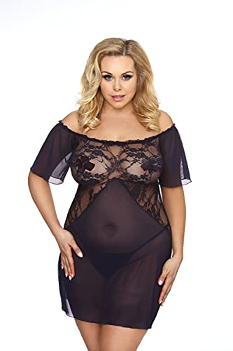 Frauen Dessous Chemise mit String schwarz dunkelblau mit Spitze und Netz transparent Negligee Plus Size 3XL/4XL von Anais Apparel Size Plus