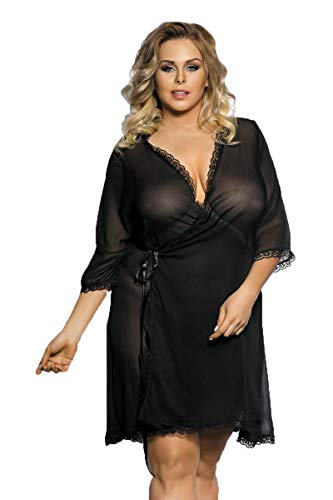 Schwarzer Frauen Dessous Plus Size Kimono Morgenmantel aus transparentem Chiffon-Material und Spitze Peignoir mit String 5XL/6XL von Anais Apparel Size Plus
