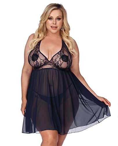 Schwarzes Damen Dessous Plus Size Babydoll aus Chiffon und Spitze transparent Neckholder Chemise mit Ausschnitt 3XL/4XL von Anais Apparel Size Plus