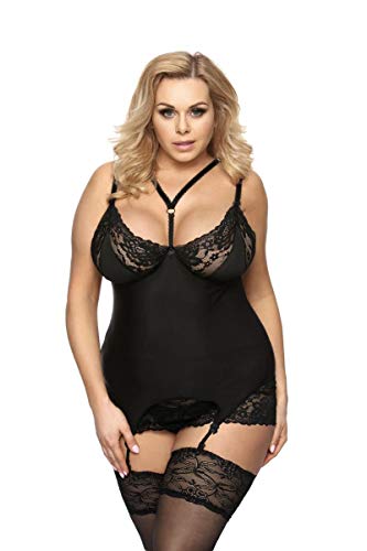 Schwarzes Frauen Dessous Plus Size Träger Strapshemd mit Spitze, Strumpfhalter und String Blickdicht elastisch 5XL/6XL von Anais Apparel Size Plus