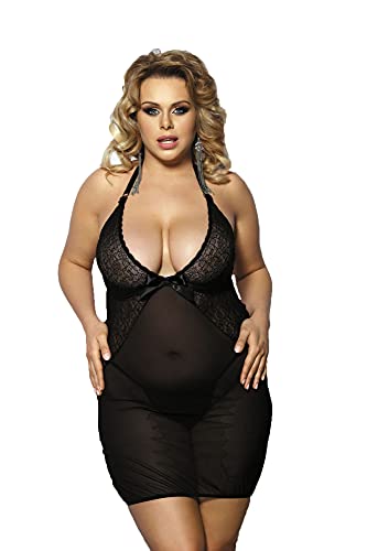 Schwarzes Plus Size Neckholder Negligee transparent aus Tüll und Spitze Chemise rückenfrei inkl String 5XL/6XL von Anais Apparel Size Plus