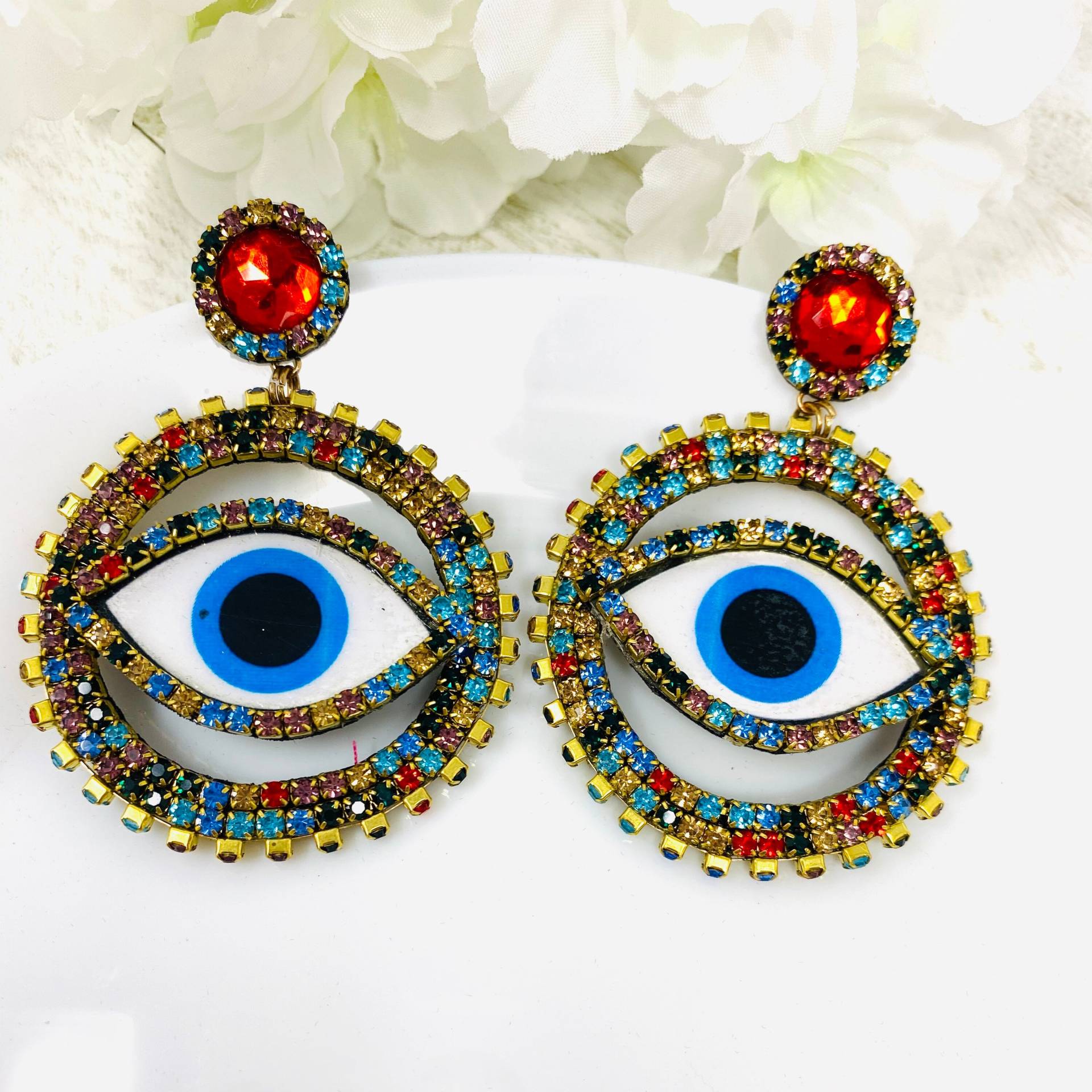Creolen Und Evil Eye Ohrringe, Handgemachte Statement Schutzohrringe, Zierlicher Böser Blick, Charm von Anaisdesignsshop