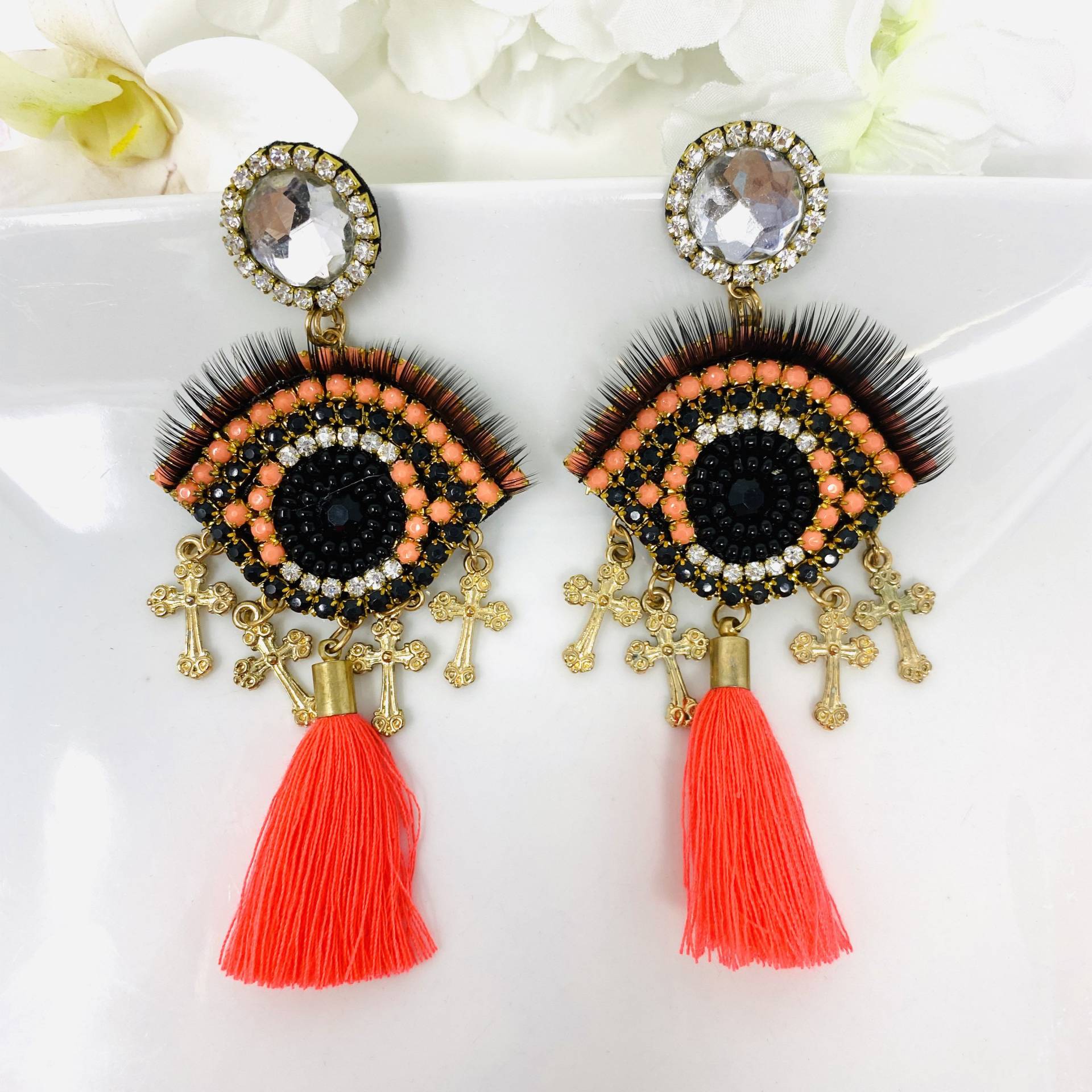 Evil Eye Ohrringe Mit Wimpern, Handgemachte Statement Ohrringe, Schutzohrringe, Zierliche Böser Blick, Böser Blick Charm von Anaisdesignsshop