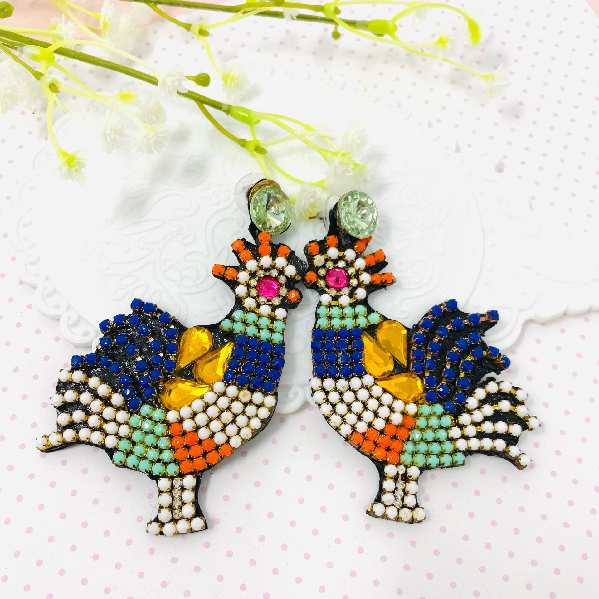 Hühner Hahn Ohrringe, Lustige Handgemachte Vogel Bunte Übergroße Gartenvogel Ohrringe von Anaisdesignsshop