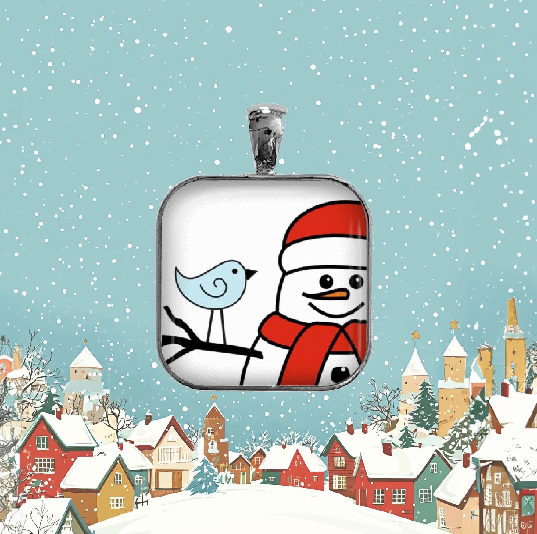 Schneemann Halskette - Winter Freunde Quadrat Glasfliesen Anhänger, Weihnachtskette, Weihnachten Schneemann, Geschenk von Analiese