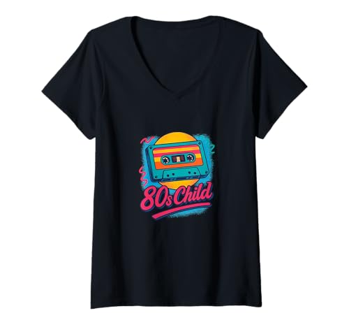 Damen 80er Jahre Kinder Kassette Retro Throwback Vibes T-Shirt mit V-Ausschnitt von Analog Generation Classic