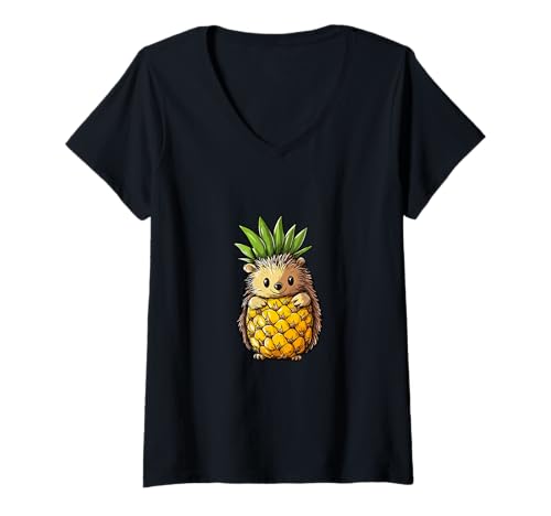 Damen Ananas Igel T-Shirt mit V-Ausschnitt von Ananas Igel Shirt Niedliches Motiv Süßer Igel