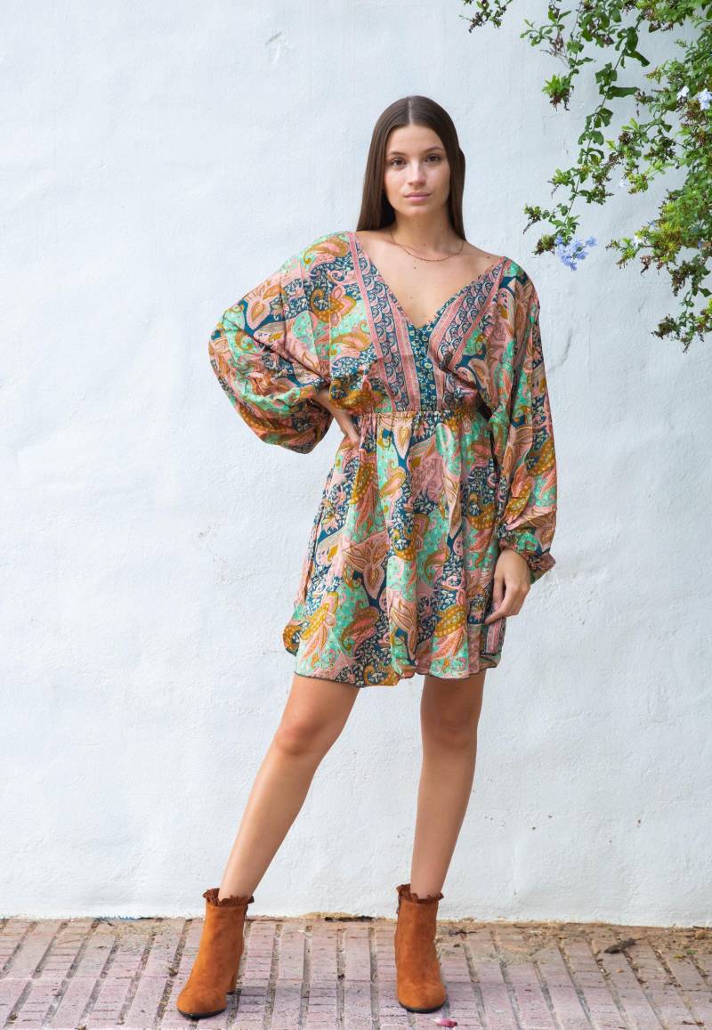 Multi-Print Boho Mini Kleid Tiefem V-Ausschnitt Babydoll-stil von AnandaWild