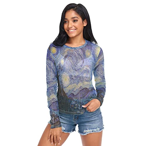 Anantty Damen Langarmshirt Van Gogh Sternenklare Nacht Kunst Long T-Shirt Langarm Top Rundkragen Oberteile Shirt Tunika Bluse Top von Anantty