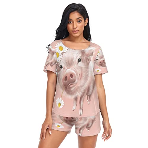 Anantty Damen-Schlafanzug-Set, niedliches Schweinchen, florales Gänseblümchen, Sommer-Nachtwäsche, T-Shirt und Shorts, Lounge-Set für Damen und Mädchen, mehrfarbig, 36 von Anantty