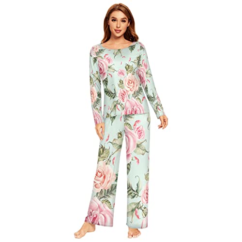 Anantty Damen Schlafanzug-Set Blumen Blume Rose Muster Pyjama Woman Set, Lang Nachtwäsche Hausanzug Negligee Sleepwear von Anantty