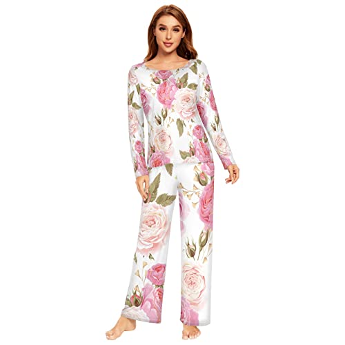 Anantty Damen Schlafanzug-Set Blumen Blume Rose Muster Pyjama Woman Set, Lang Nachtwäsche Hausanzug Negligee Sleepwear von Anantty