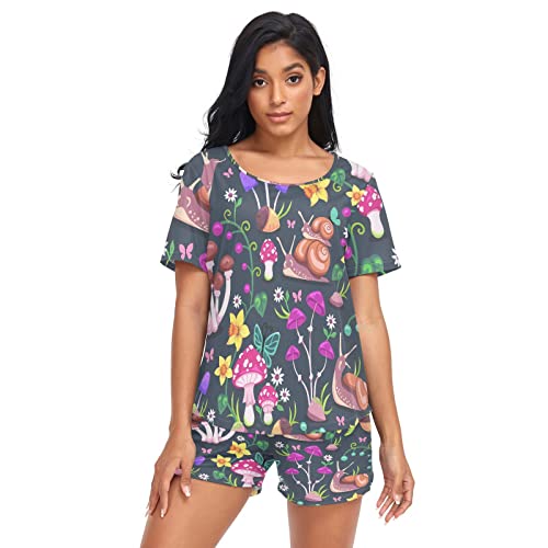 Anantty Damen Schlafanzug-Set Bunt Blume Pilz Schnecke Schmetterling Sommer Pyjama Woman Set, T-Shirt und Shorts Lounge Set Sleepwear Nachtwäsche von Anantty