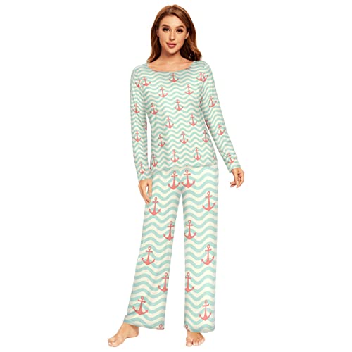 Anantty Damen Schlafanzug-Set Ozean Meer Anker Muster Pyjama Woman Set, Lang Nachtwäsche Hausanzug Negligee Sleepwear von Anantty