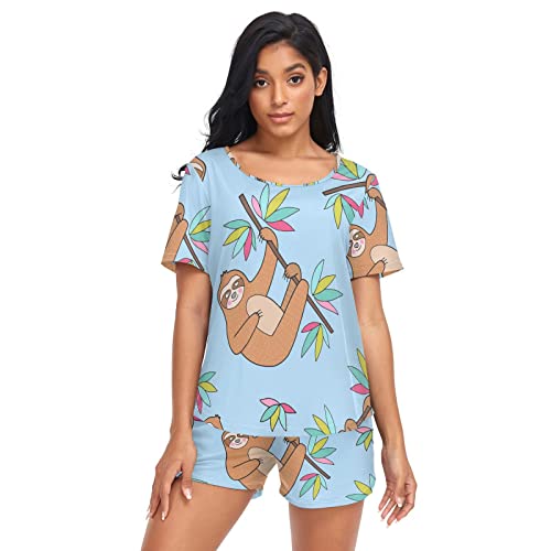 Anantty Damen Schlafanzug-Set Süß Karikatur Faultier Sommer Pyjama Woman Set, T-Shirt und Shorts Lounge Set Sleepwear Nachtwäsche von Anantty