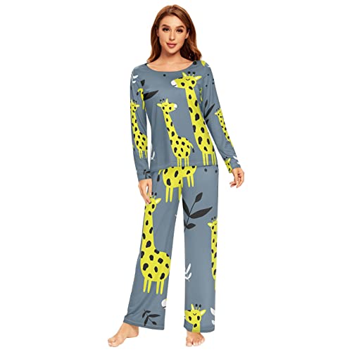 Anantty Damen Schlafanzug-Set Süß Karikatur Giraffe Pyjama Woman Set, Lang Nachtwäsche Hausanzug Negligee Sleepwear von Anantty