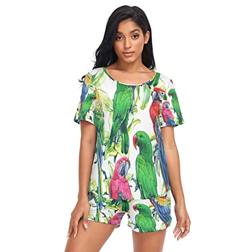 Anantty Damen Schlafanzug-Set Tropisch Vogel Ara Papagei Sommer Pyjama Woman Set, T-Shirt und Shorts Lounge Set Sleepwear Nachtwäsche von Anantty