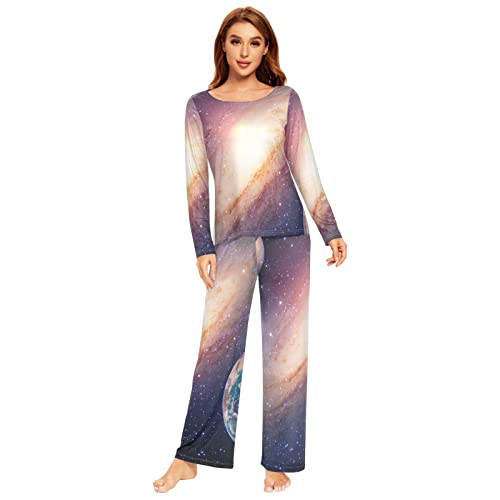 Anantty Damen Schlafanzug-Set Universum Galaxis Weltraum Pyjama Woman Set, Lang Nachtwäsche Hausanzug Negligee Sleepwear von Anantty